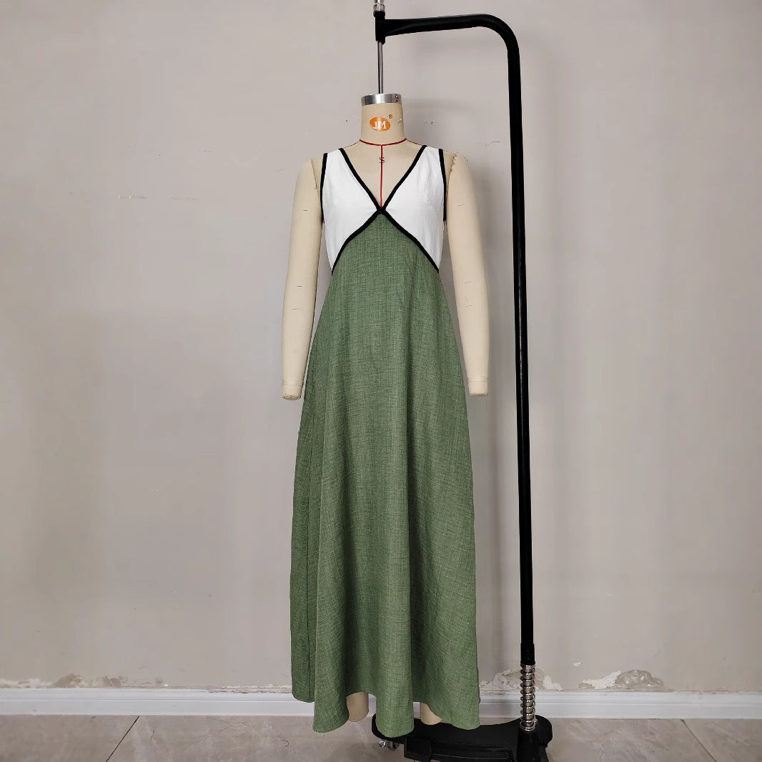 Elegant V-neck Contrast-Color Strap Dress