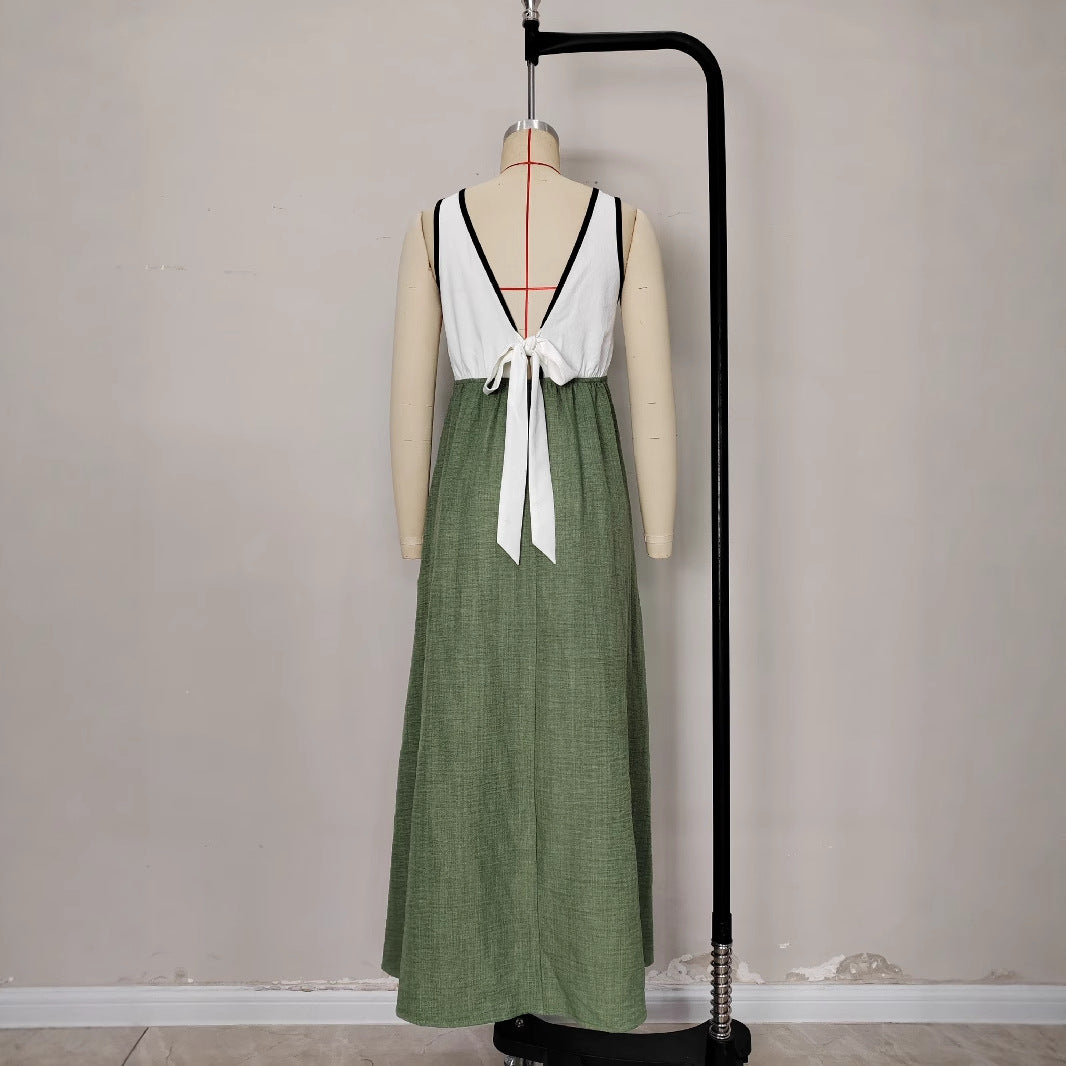 Elegant V-neck Contrast-Color Strap Dress