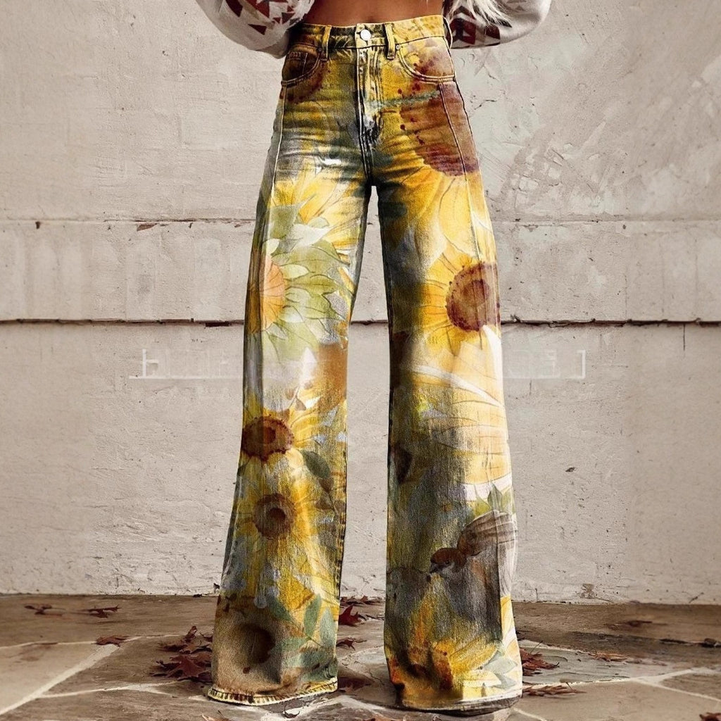 3D-printed Retro Sunflower Guitar Art-style Womens Wide-leg Flared Denim Jeans